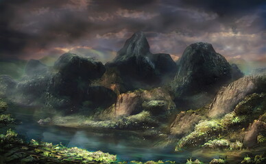 Fantastic Epic Magical Landscape of Mountains. Summer nature. Mystic Valley, tundra. Gaming assets. Celtic Medieval RPG background. Rocks and grass. Beautiful sky with clouds. Lakes and rivers	