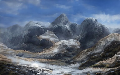 Fototapeta na wymiar Fantastic Epic Magical Landscape of Mountains. Summer nature. Mystic Valley, tundra. Gaming assets. Celtic Medieval RPG background. Rocks and grass. Beautiful sky with clouds. Lakes and rivers 