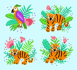 Fototapeta na wymiar Set clip art of funny tigers and a parrot. Animals in the jungle