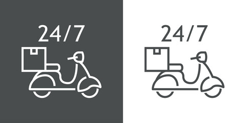 Icono silueta de scooter vintage con texto 24/7. Logotipo de entrega a domicilio. Vector con líneas en fondo gris y fondo blanco - obrazy, fototapety, plakaty