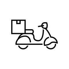 Icono silueta de scooter vintage con caja. Logotipo de entrega a domicilio. Vector con líneas en color negro