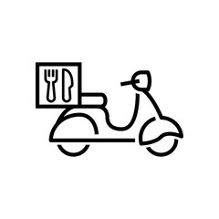 Icono silueta de scooter vintage con símbolo de cubiertos en caja. Logotipo de cocina a domicilio. Vector con líneas en color negro
