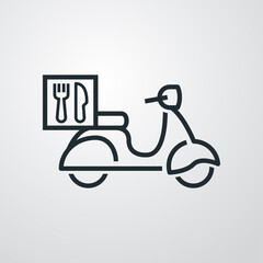 Icono silueta de scooter vintage con símbolo de cubiertos en caja. Logotipo de cocina a domicilio. Vector con líneas en fondo gris