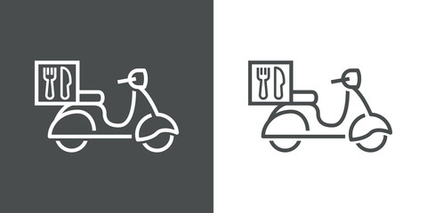 Icono silueta de scooter vintage con símbolo de cubiertos. Logotipo de cocina a domicilio. Vector con líneas en fondo gris y fondo blanco - obrazy, fototapety, plakaty