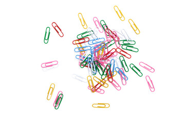 Colored paper clips on a white background.