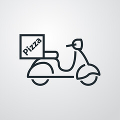 Icono silueta de scooter vintage con texto Pizza en caja. Logotipo de comida a domicilio. Vector con líneas en fondo gris