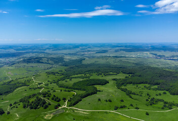 Aerial landscape with fields and forests in Transylvania in summer