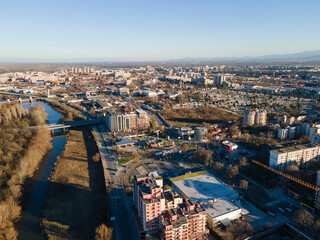 Obraz premium Aerial view of Maritsa river and panorama to City of Plovdiv, Bulgaria