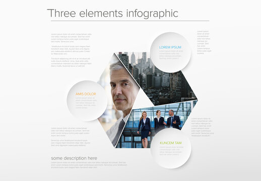 Abstract Shape Infographic Layout with Photo Placeholders and Circle Content Buttons