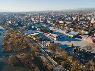 Obraz premium Aerial view of Maritsa river and panorama to City of Plovdiv, Bulgaria