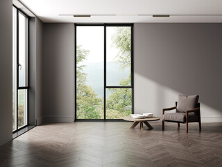 Home interior, luxury modern living room interior, empty wall mock up, big window with view, 3d render