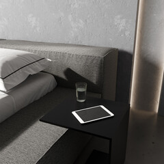 Loft style bedroom interior with concrete wall with cove light, nightstand close up, gray tones, hotel room interior concept, 3d rendering