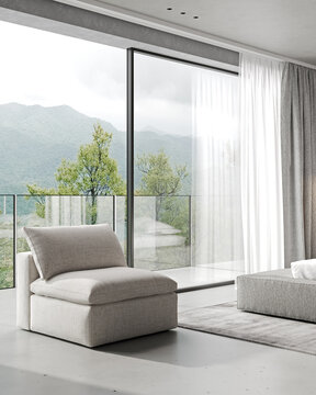 Modern bedroom interior in morning light with big window, natural landscape, 3d rendering