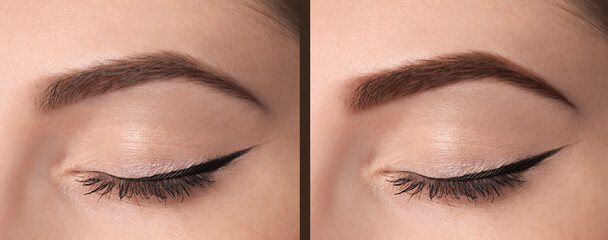 Naklejka premium Collage with photos of woman before and after eyebrows dyeing with henna, closeup. Banner design