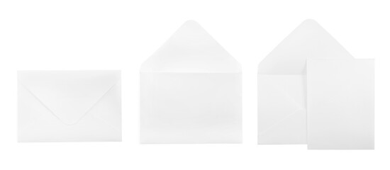 Set with blank paper envelopes on white background. Banner design