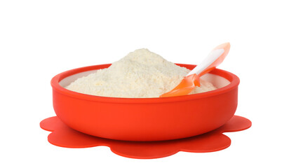 Dry healthy baby food in bowl on white background