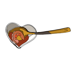 Delicious shrimp on a spoon with red sauce in a plate. Vector illustration of cooked seafood for a healthy diet.