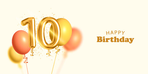 Vector realistic isolated invitation card for Happy Birthday with 10 number golden balloon and confetti.