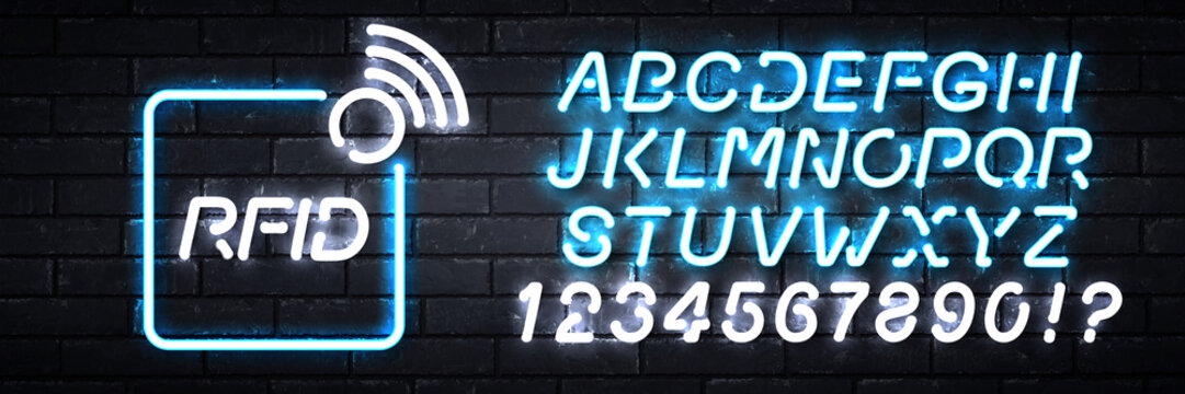Vector realistic isolated neon sign of RFID logo with easy to change color alphabet on the wall background.
