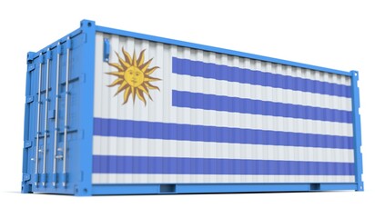National flag of Uruguay on the side of a cargo container. Conceptual 3d rendering