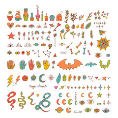 Mystical hand drawn elements. Doodle style. Halloween. Magic, witchcraft, esoteric icons set