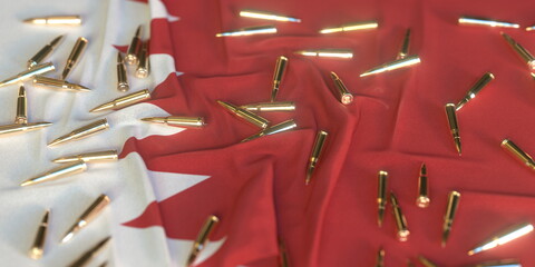 Scattered bullets on the flag of Bahrain. Firearms regulation or army related conceptual 3D rendering - obrazy, fototapety, plakaty
