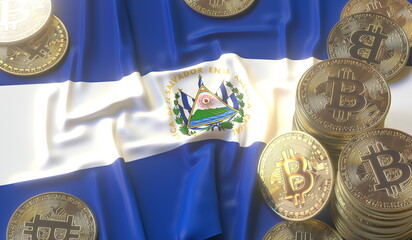Flag of El Salvador and bitcoin coins or tokens, cryptocurrency related 3D rendering