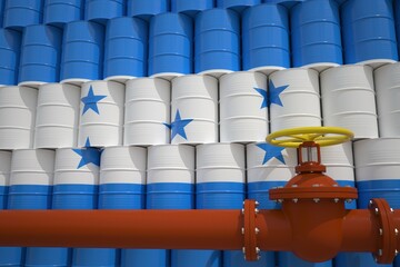 Oil pipe and barrels with painted flag of Honduras. Petroleum industry related 3d rendering