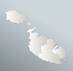 Malta regions map, blue white card paper 3D, blank