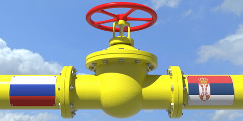 RUSSIA SERBIA oil or gas transportation concept, pipe with valve. 3D rendering