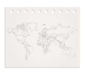 World map on realistic clean sheet of paper torn from block, blank