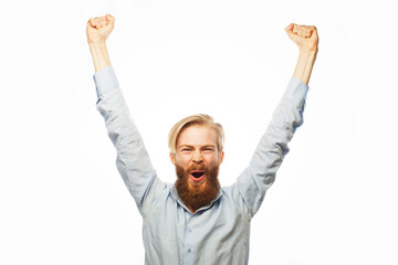 Emotion, people and body language concept: Happy amazed surprised man standing keeping mouth open...