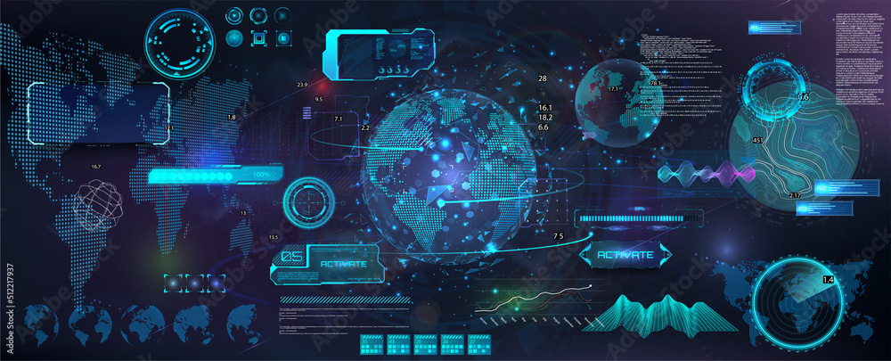 Poster Sci-fi HUD elements collection. Earth Globe 3D objects from different angles in a futuristic style with HUD, UI elements. Control center dashboard with worldwide tracking system. Cyber network. 3D set