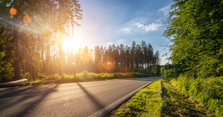 highway into Silent Forest in spring with beautiful bright sun rays