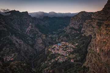 Curral das Freiras - Beautiful view of mountain range and little village in Madeira Island, Portugal. October 2021