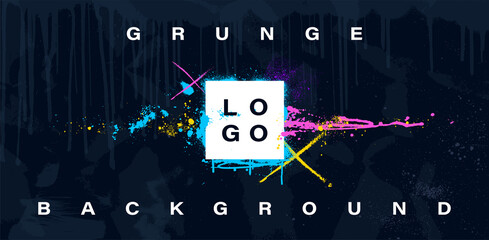 Creative background with paint splatter and place for text. Graffiti grunge background with spray texture and colorful splashes. Street art graffiti abstract banner. Colorful grunge vector poster