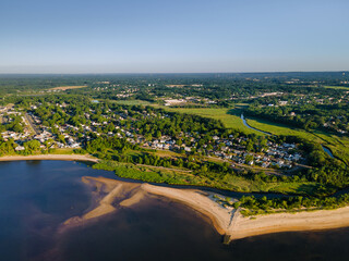 Top view from the height of the along the beautiful sandy beach ocean in New Jersey US