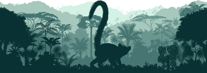 Vector horizontal seamless tropical rainforest Jungle background with lemur - obrazy, fototapety, plakaty