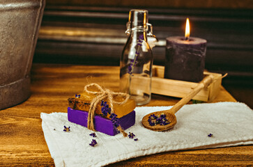 homemade soap. different objects lie on the table, still life, making soap at home