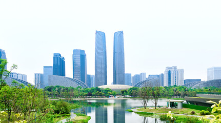 Fototapeta premium The Twin Towers, a landmark high-rise building in Chengdu Financial City, China