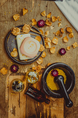 homemade soap. different objects lie on the table, still life, making soap at home