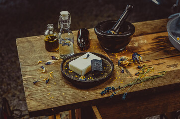 homemade soap. different objects lie on the table, still life, making soap at home