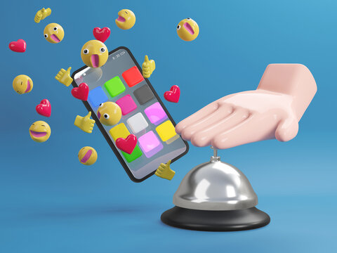 3D model of mobile phone social media concept with shiny hand with mobile phone and polygonal shapes shown as application on screen on blue gradient background 3D rendering illustrations