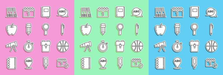 Set line Calendar first september date, Basketball ball, Pen, Book, Pencil with eraser, Apple, Office folders and Magnifying glass icon. Vector
