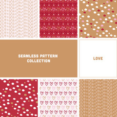 Seamless pattern set collection. Love theme, Valentine's Day. Vector print, handmade illustrations. Group of background images, backdrop. Hearts, couples, love, relationship, boyfriend and girlfriend.