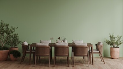 Scandinavian modern dining room render with pastel, mint green wall, empty wall mockup, table, chairs, wooden floor and plants