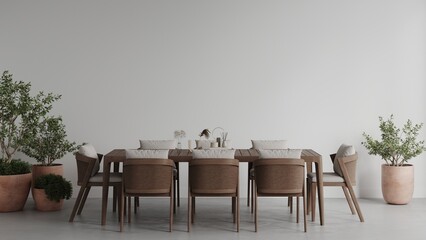 Scandinavian modern dining room render with empty wall mockup, table, chairs, concrete floor and plants