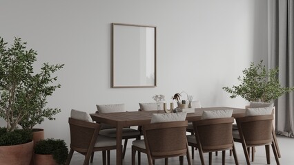 Scandinavian modern dining room render with empty frame mockup, table, chairs, concrete floor and plants