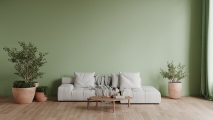 Scandinavian modern living room render with pastel mint green wall, wooden floor, coffee table and plants, emply wall mockup