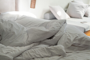 white bed background, after sleep, dirty bed